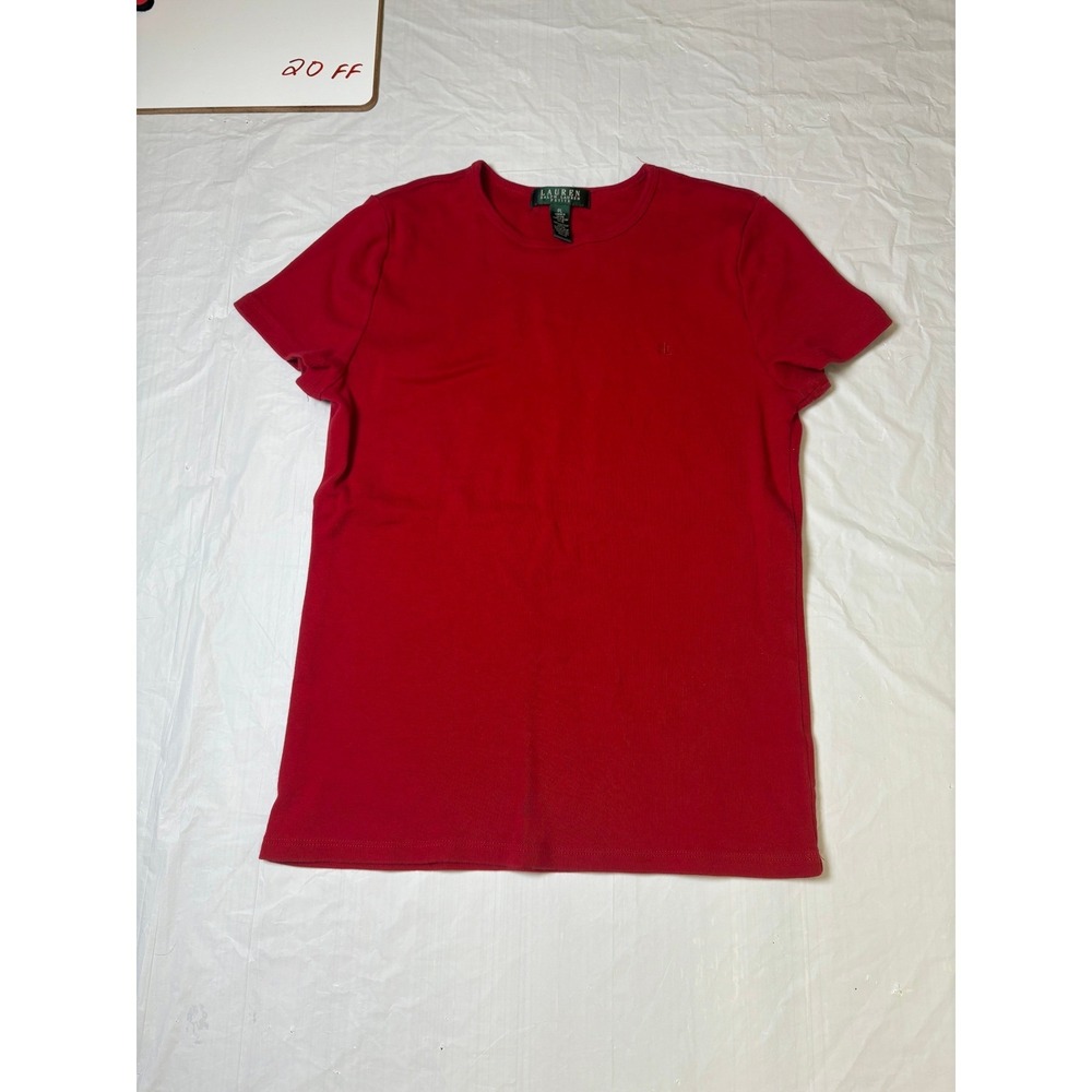 Lauren Ralph Lauren Petite Red Crew Neck T-Shirt Embroidered RL Logo Cotton